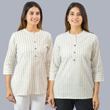 Combo of 2 White and Beige Cotton Stripe Women Top