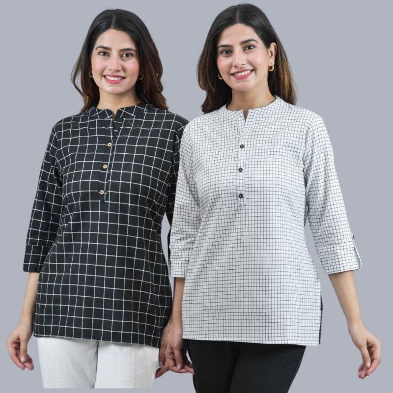 Combo of 2 White and Black Cotton Checks Women Top