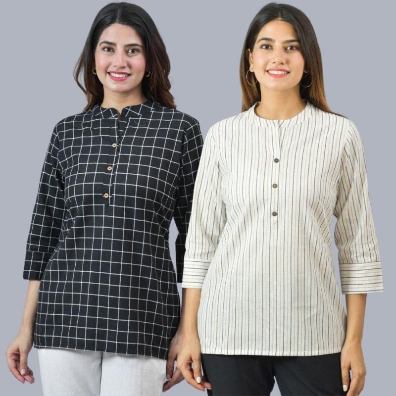 Combo of 2 White and Black Cotton Checks and Stripe Women Top