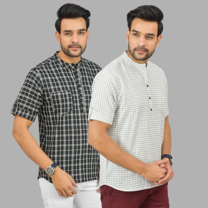 Combo of 2 White and Black Cotton Handloom Short Kurta-25386