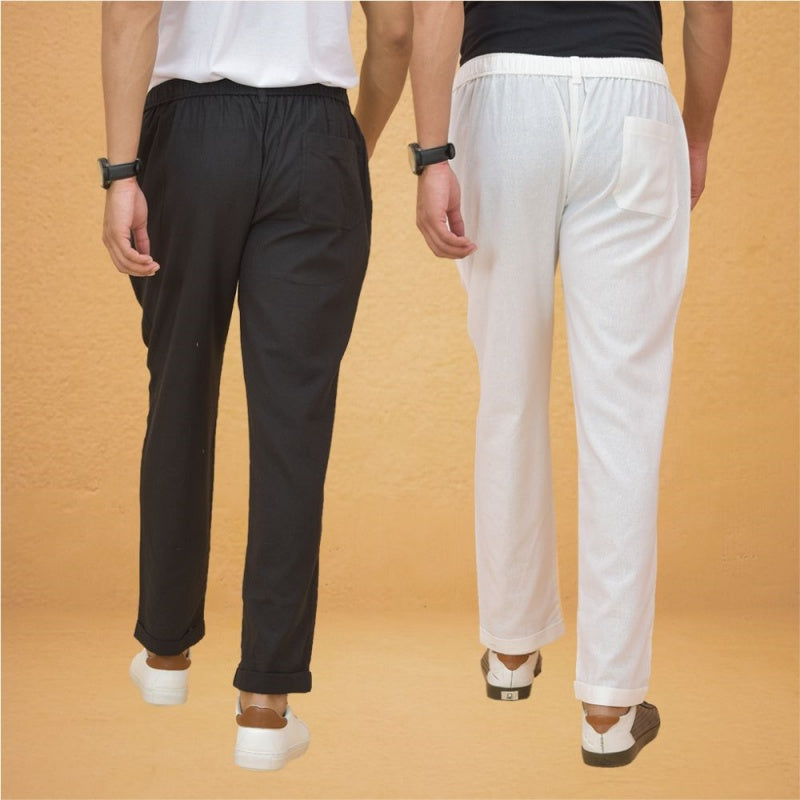 Combo of 2 White and Black Cotton Regular Trousers