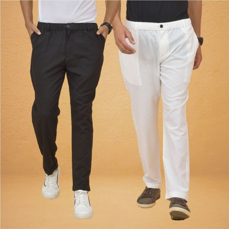 Combo of 2 White and Black Cotton Regular Trousers