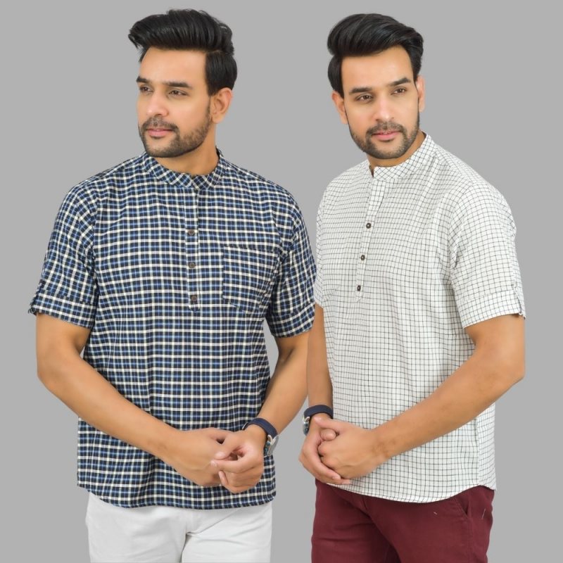 Combo of 2 White and Blue Cotton Handloom Short Kurta-25368