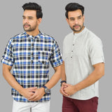 Combo of 2 White and Blue Cotton Handloom Short Kurta-25374