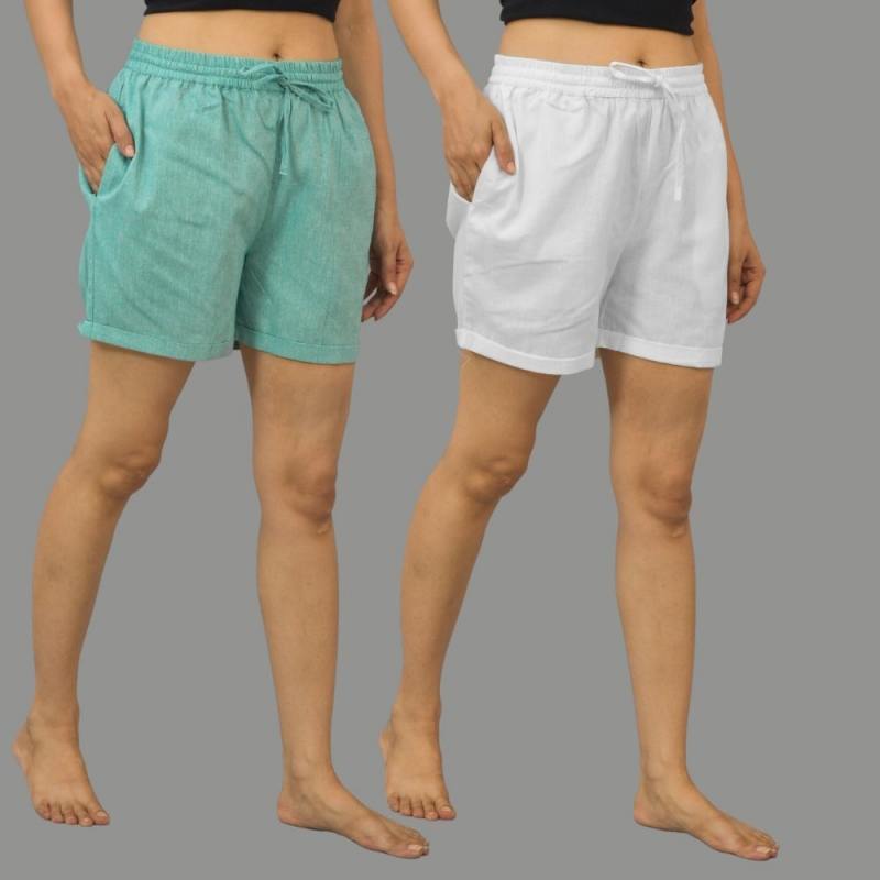 Combo of 2 White and Cyan Cotton Women Shorts