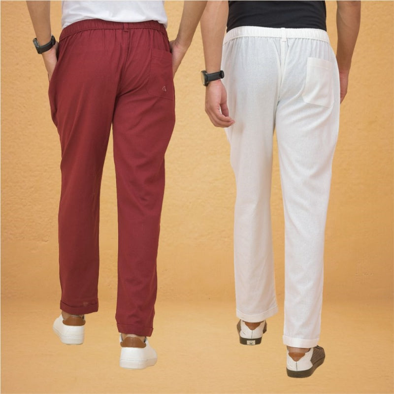 Combo of 2 Sky Blue and White Cotton Regular Trousers