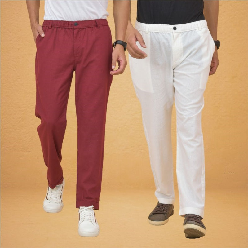 Combo of 2 Sky Blue and White Cotton Regular Trousers