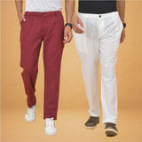 Combo of 2 White and Maroon Cotton Regular Trousers