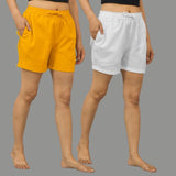 Combo of 2 White and Mustard Yellow Cotton Women Shorts-10592