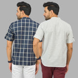 Combo of 2 White and Navy Blue Cotton Handloom Short Kurta-25379