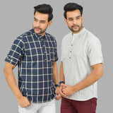 Combo of 2 White and Navy Blue Cotton Handloom Short Kurta-25379