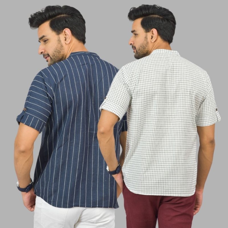 Combo of 2 White and Navy Blue Cotton Handloom Short Kurta-25383