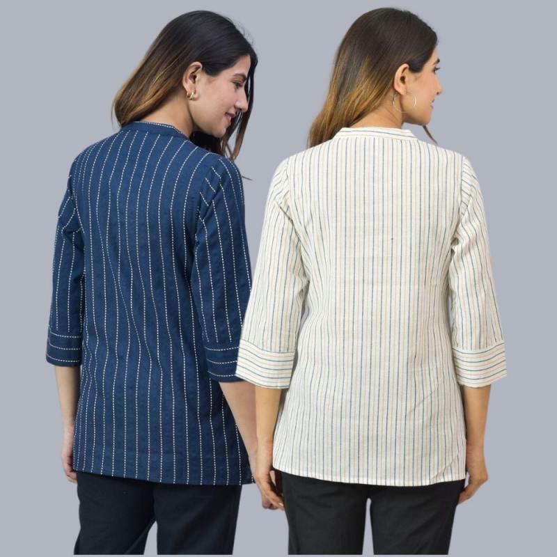 Combo of 2 White and Navy Blue Cotton Stripe Women Top