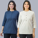 Combo of 2 White and Navy Blue Cotton Stripe Women Top