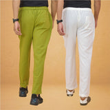 Combo of 2 White and Olive Green Cotton Regular Trousers