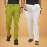 Combo of 2 White and Olive Green Cotton Regular Trousers