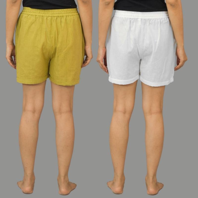 Combo of 2 White and Olive Green Cotton Women Shorts-10577