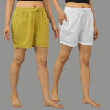 Combo of 2 White and Olive Green Cotton Women Shorts-10577