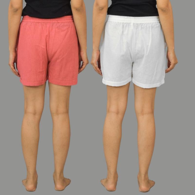 Combo of 2 White and Peach Cotton Women Shorts