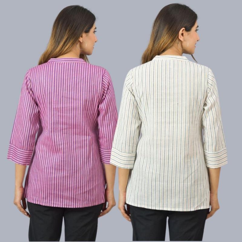 Combo of 2 White and Purple Cotton Stripe Women Top