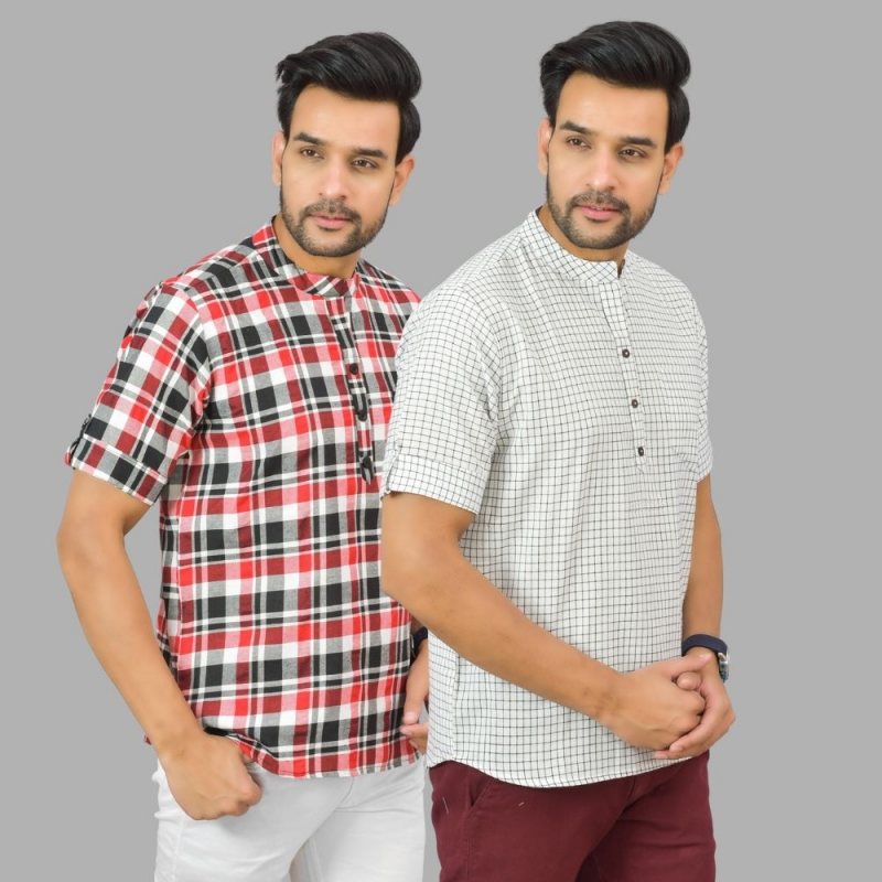 Combo of 2 White and Red Cotton Handloom Short Kurta-25389