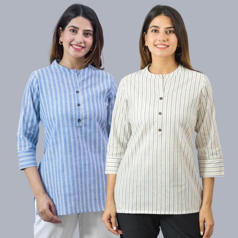 Combo of 2 White and Sky Blue Cotton Stripe Women Top