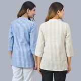 Combo of 2 White and Sky Blue Cotton Stripe Women Top