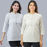 Combo of 2 White and White Cotton Stripe Women Top