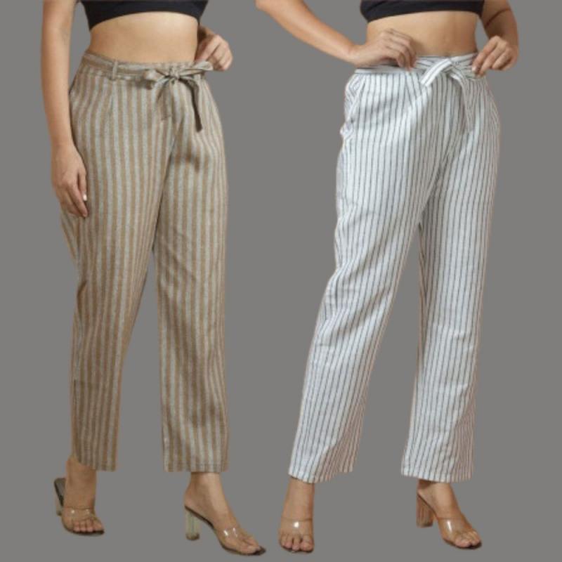 Combo of 2 Women Yellow White Cotton Checks Belt Pant