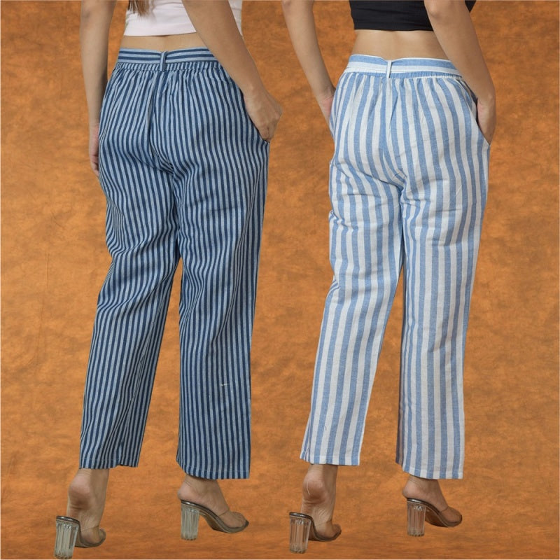 Combo of 2 Women White Blue Cotton Checks Belt Pant