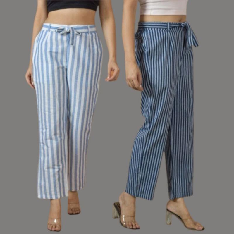 Combo of 2 Women White Blue Cotton Checks Belt Pant