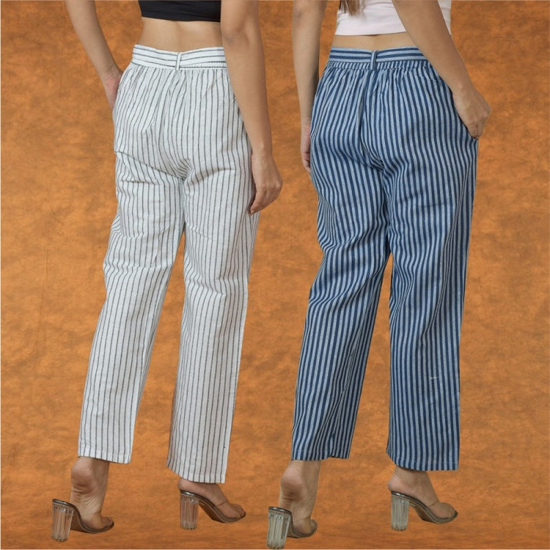 Combo of 2 Women Yellow Blue Cotton Checks Belt Pant