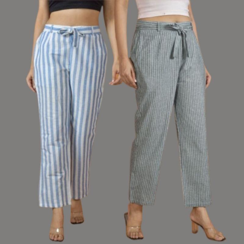 Combo of 2 Women Pink Blue Cotton Checks Belt Pant