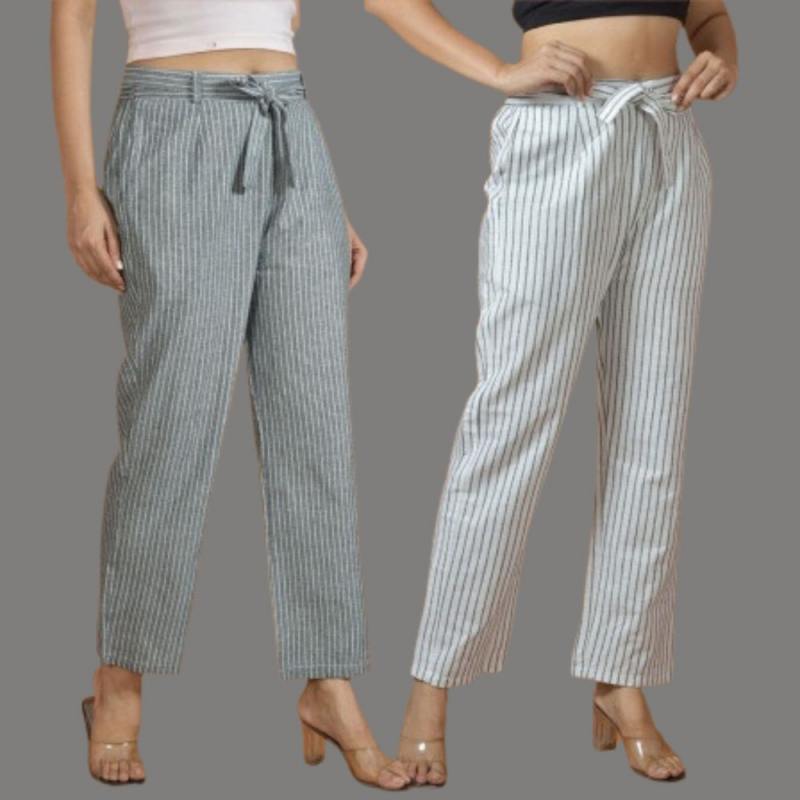 Combo of 2 Women Pink Blue Cotton Checks Belt Pant