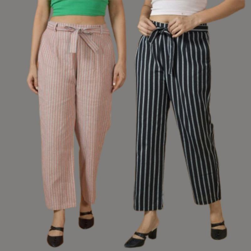 Combo of 2 Women Maroon Blue Cotton Checks Belt Pant