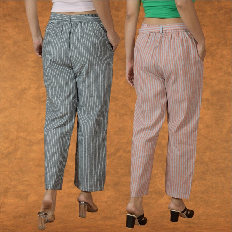 Combo of 2 Women Yellow Black Cotton Checks Belt Pant