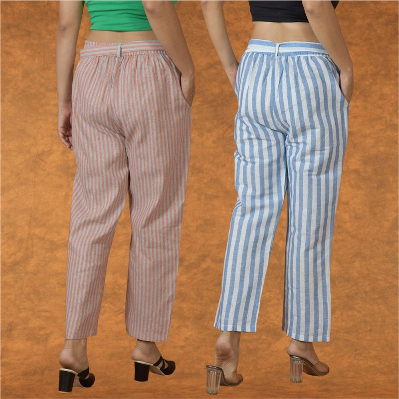 Combo of 2 Women Yellow Blue Cotton Checks Belt Pant