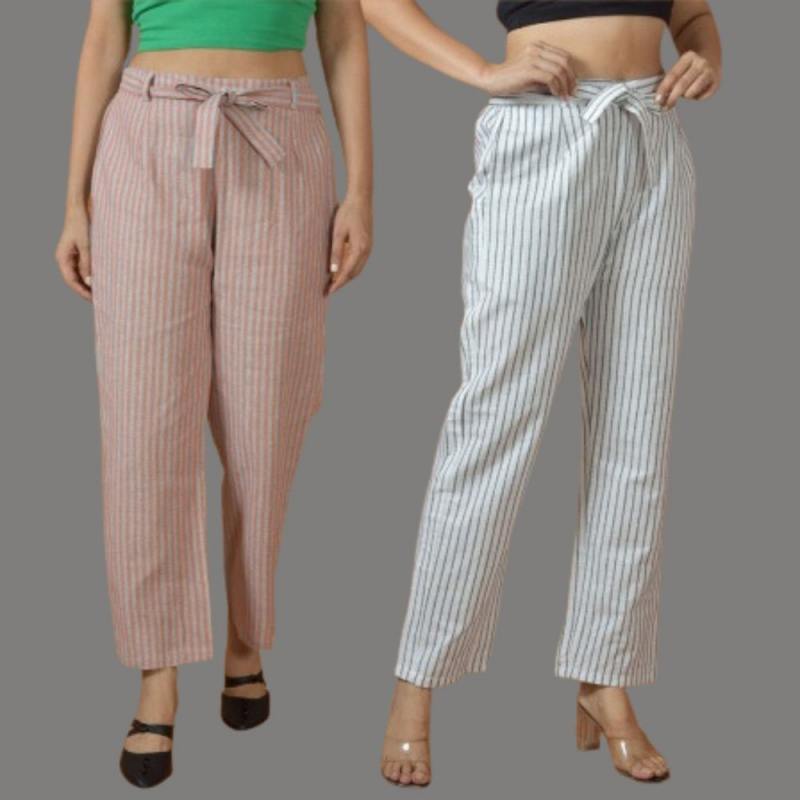 Combo of 2 Women Purple Pink Cotton Checks Belt Pant