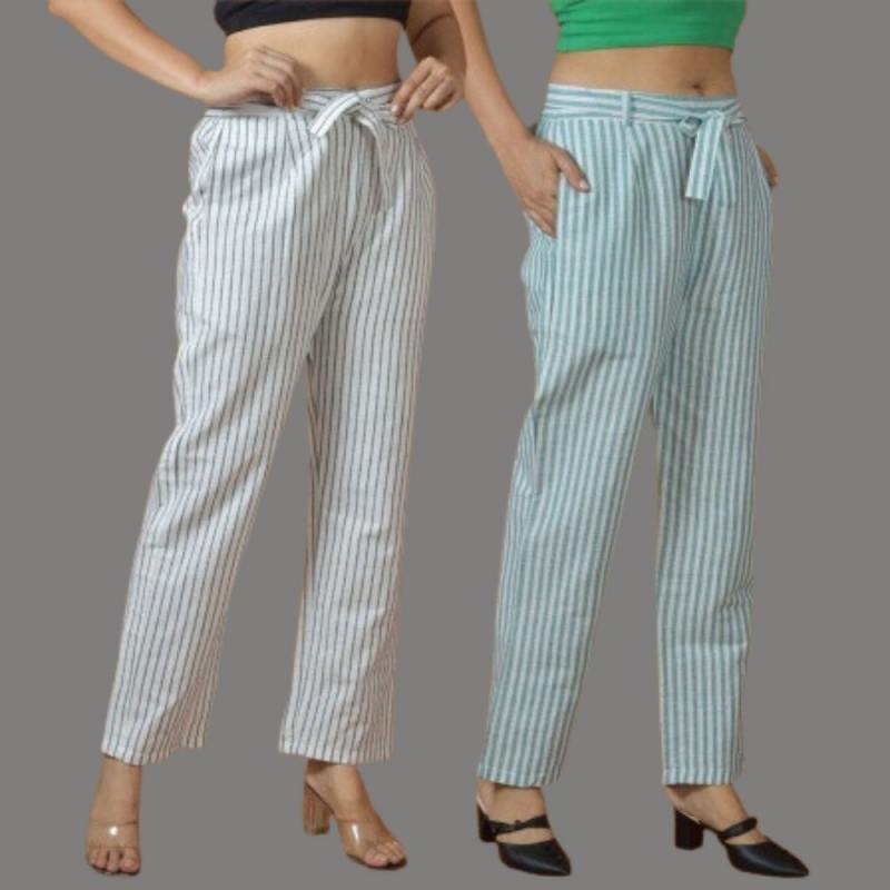 Combo of 2 Women White Blue Cotton Checks Belt Pant