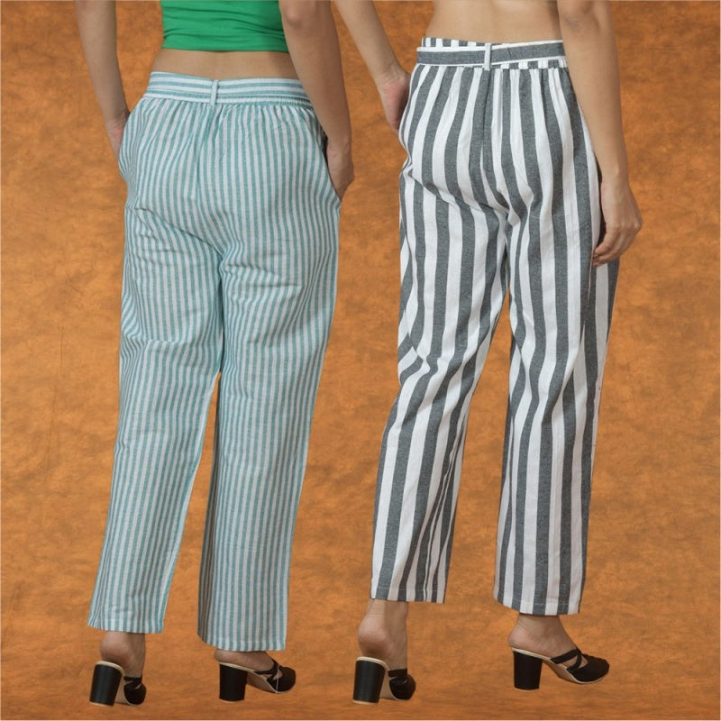 Combo of 2 Women Yellow Maroon Cotton Checks Belt Pant