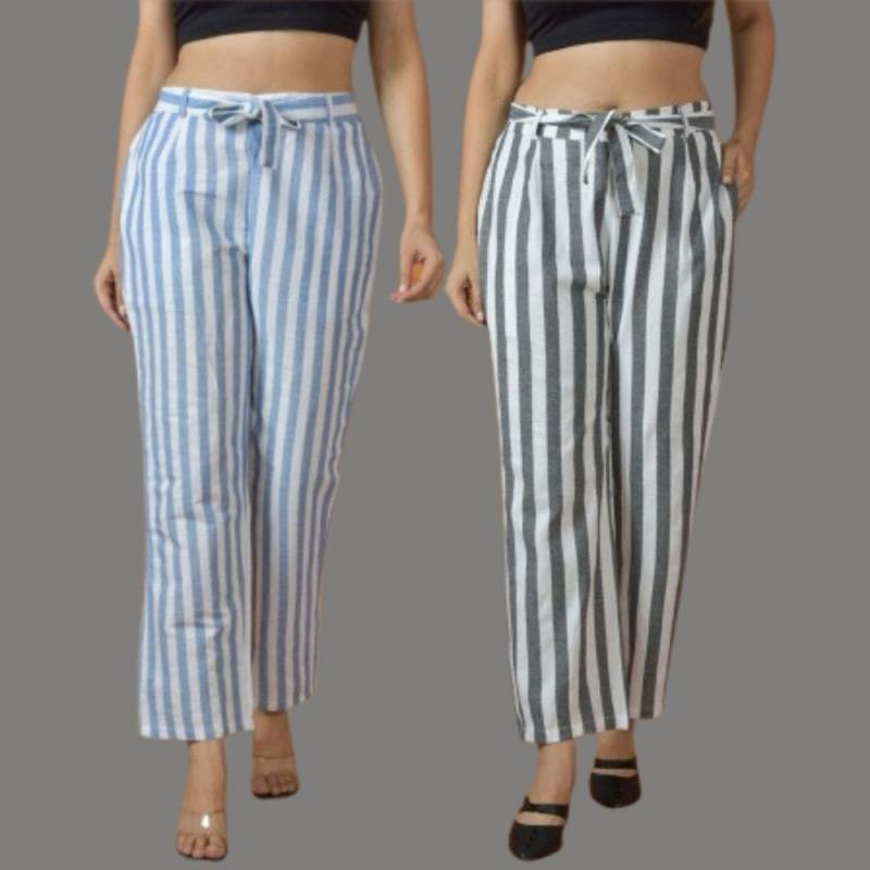 Combo of 2 Women White Black Cotton Checks Belt Pant