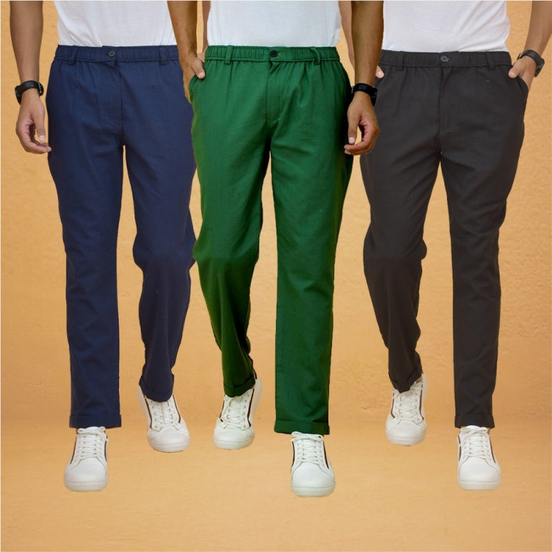 Combo of 3 Black Navy Blue and Bottle Green Cotton Regular Trouser Pants