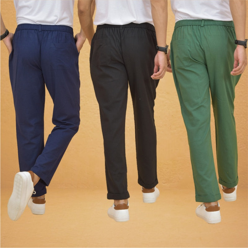 Combo of 3 Black Navy Blue and Bottle Green Cotton Regular Trouser Pants