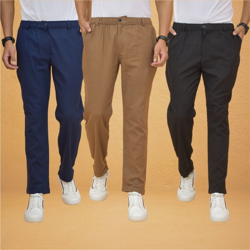 Combo of 3 Brown Black and Navy Blue Cotton Regular Trouser Pants-42430