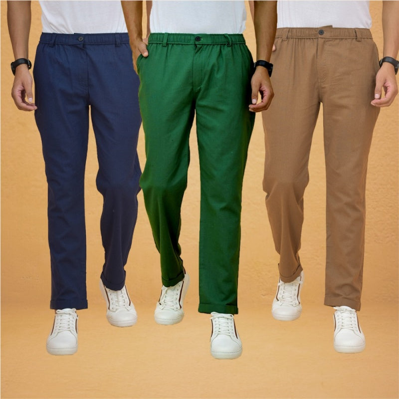 Combo of 3 Brown Navy Blue and Bottle Green Cotton Regular Trouser Pants-42376