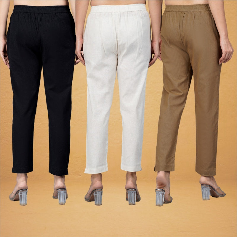 Combo of 3 Cotton Beige Brown and Black Women Regular Fit Solid Trousers