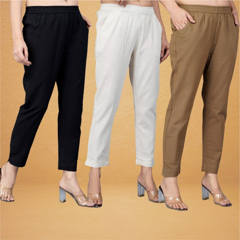 Combo of 3 Cotton Beige Brown and Black Women Regular Fit Solid Trousers