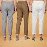 Combo of 3 Cotton Beige Brown and Gray Women Regular Fit Solid Trousers