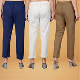 Combo of 3 Cotton Beige Brown and Navy Blue Women Regular Fit Solid Trousers