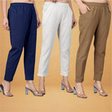 Combo of 3 Cotton Beige Brown and Navy Blue Women Regular Fit Solid Trousers